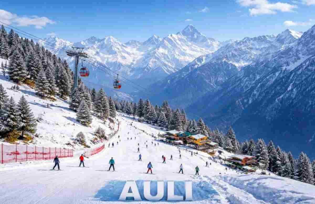 Snow-covered ski slopes of Auli with ropeway, pine trees and Himalayan peaks in the background, Uttarakhand