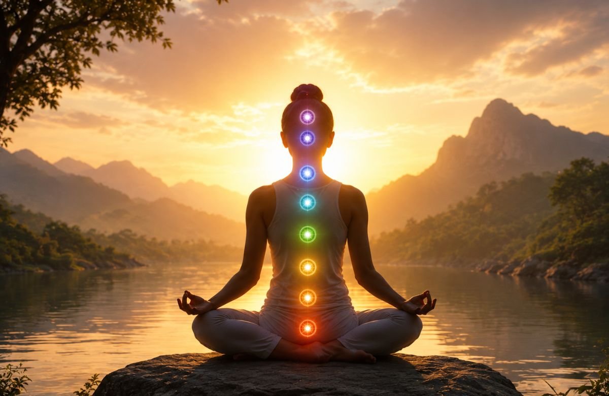 A serene meditator seated in a lotus pose on a rock beside a peaceful lake at sunrise, with glowing chakra energy centers aligned along the spine, symbolizing Kriya Yoga, spiritual awakening, inner balance, and deep meditation.